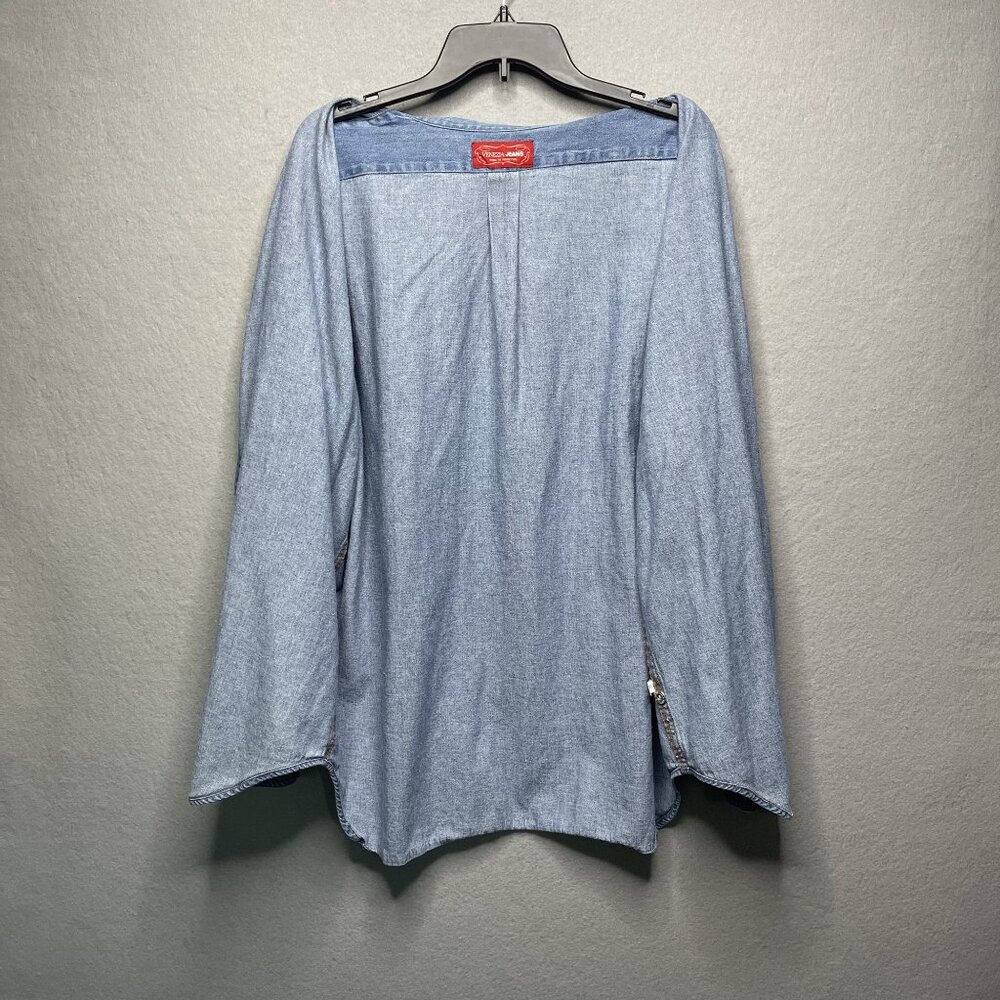 Vintage Venezia Denim Shirt L Blue Band Collar Silver Buttons Relaxed Fit - Picture 2 of 8